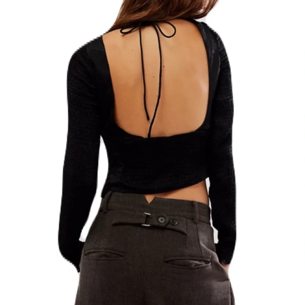 NWT Free People Black Large Long Sleeve Once You Realize Corset Cropped Top